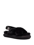 Moncler sandals, luxury fur sandals, Solarisse Noir, women’s footwear, high-end sandals