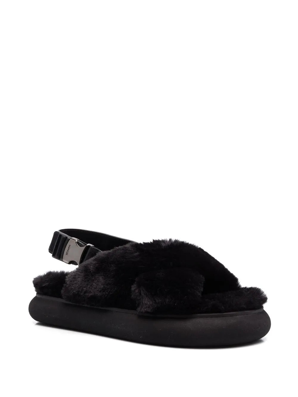 Moncler sandals, luxury fur sandals, Solarisse Noir, women’s footwear, high-end sandals
