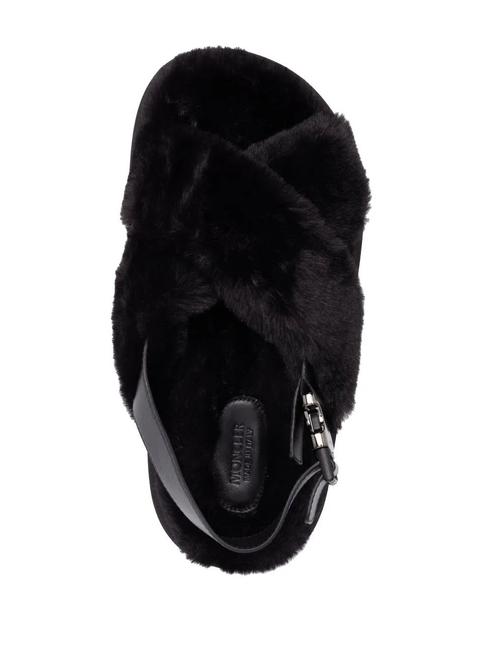 Moncler sandals, luxury fur sandals, Solarisse Noir, women’s footwear, high-end sandals