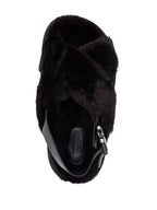 Moncler sandals, luxury fur sandals, Solarisse Noir, women’s footwear, high-end sandals
