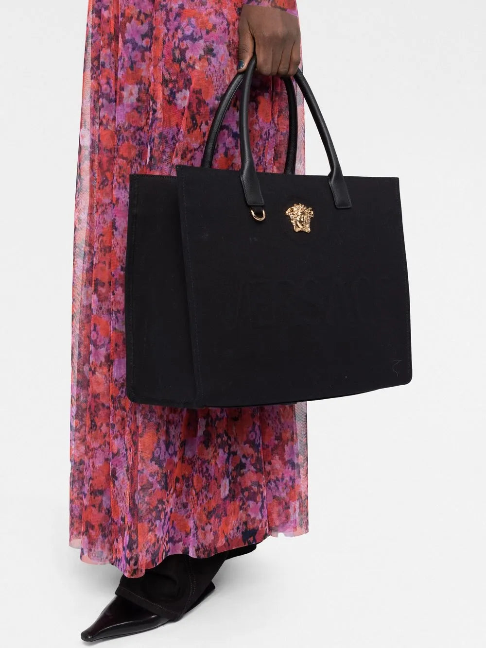 Versace tote, luxury canvas bag, black tote, high-end accessories, Medusa emblem