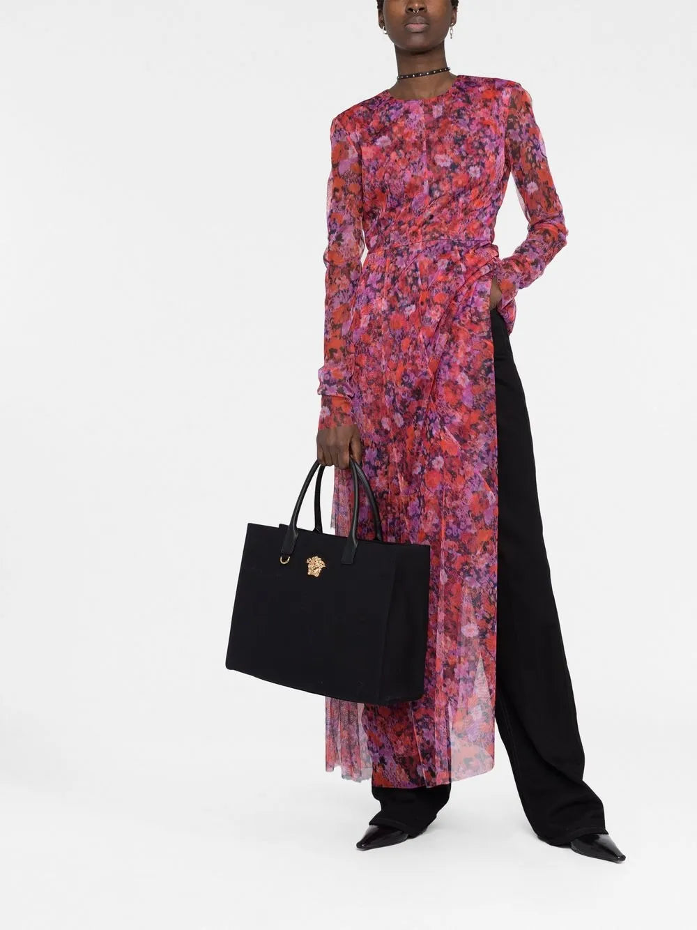 Versace tote, luxury canvas bag, black tote, high-end accessories, Medusa emblem