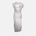 Imagem de Vestido Drapado em Lurex Prateado com Mangas Curtas da Rabanne para Mulheres - Temporada Outono-Inverno 2024 - Vista Detalhe 2