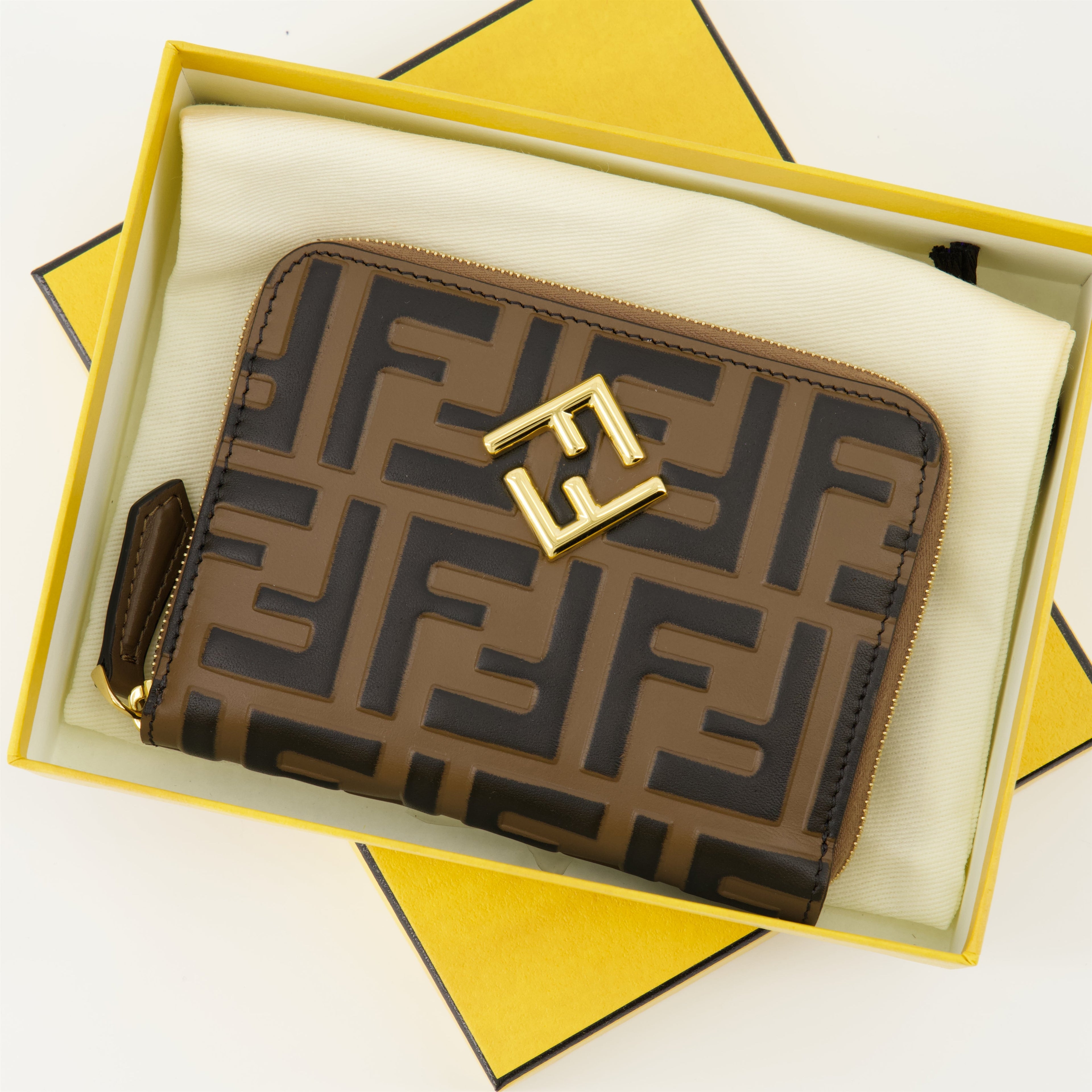 FF Diamonds wallet, brown zip wallet, leather wallet, designer wallet, Fendi wallet