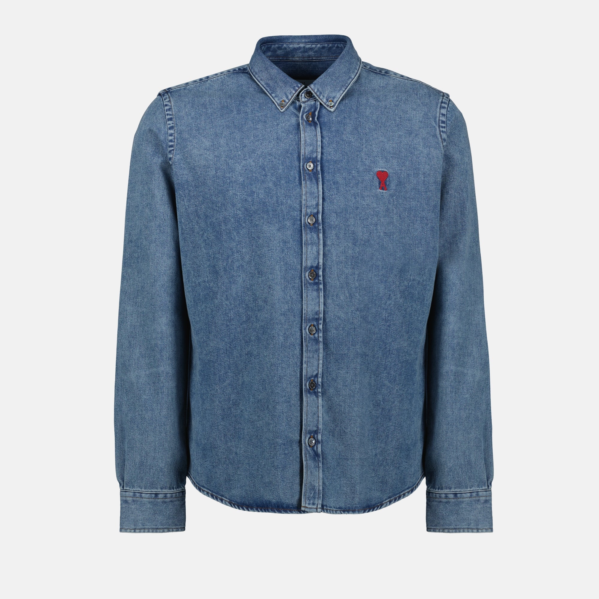 cotton shirt, AMI Paris, blue shirt, embroidered logo, classic collar