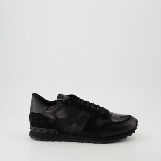 Rockrunner sneakers, Valentino Garavani, camouflage print, black leather sneakers, designer footwear