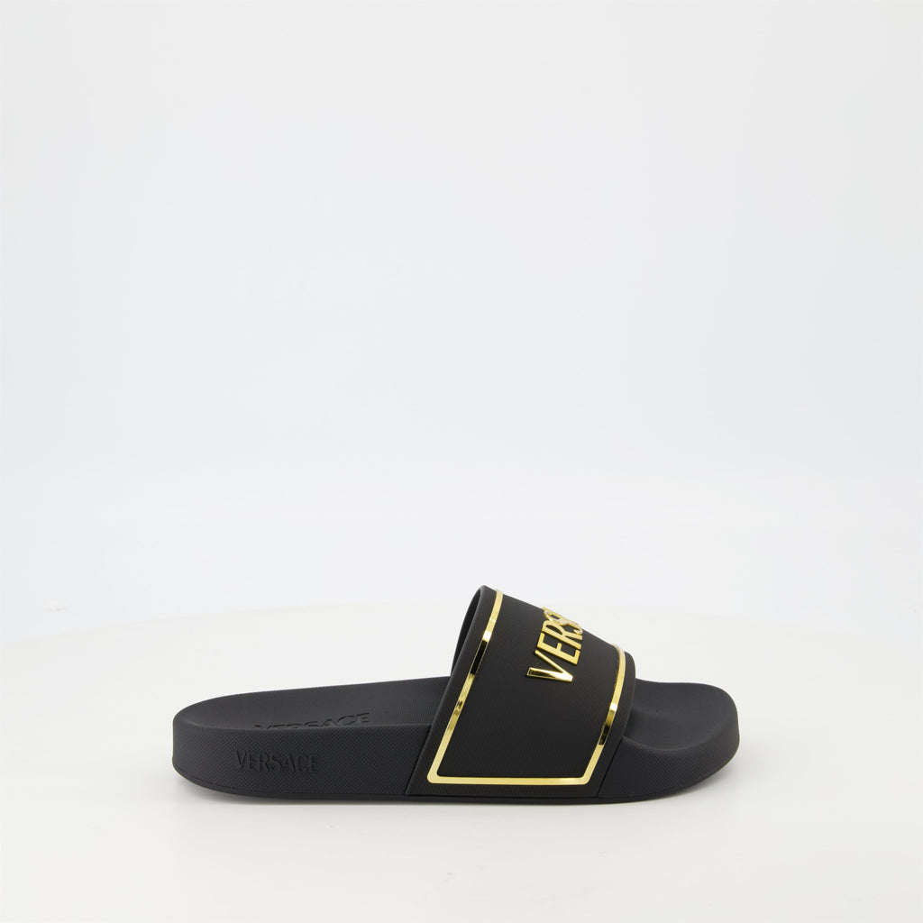 slide sandals, golden logo sandals, comfortable sandals, summer footwear, casual summer style