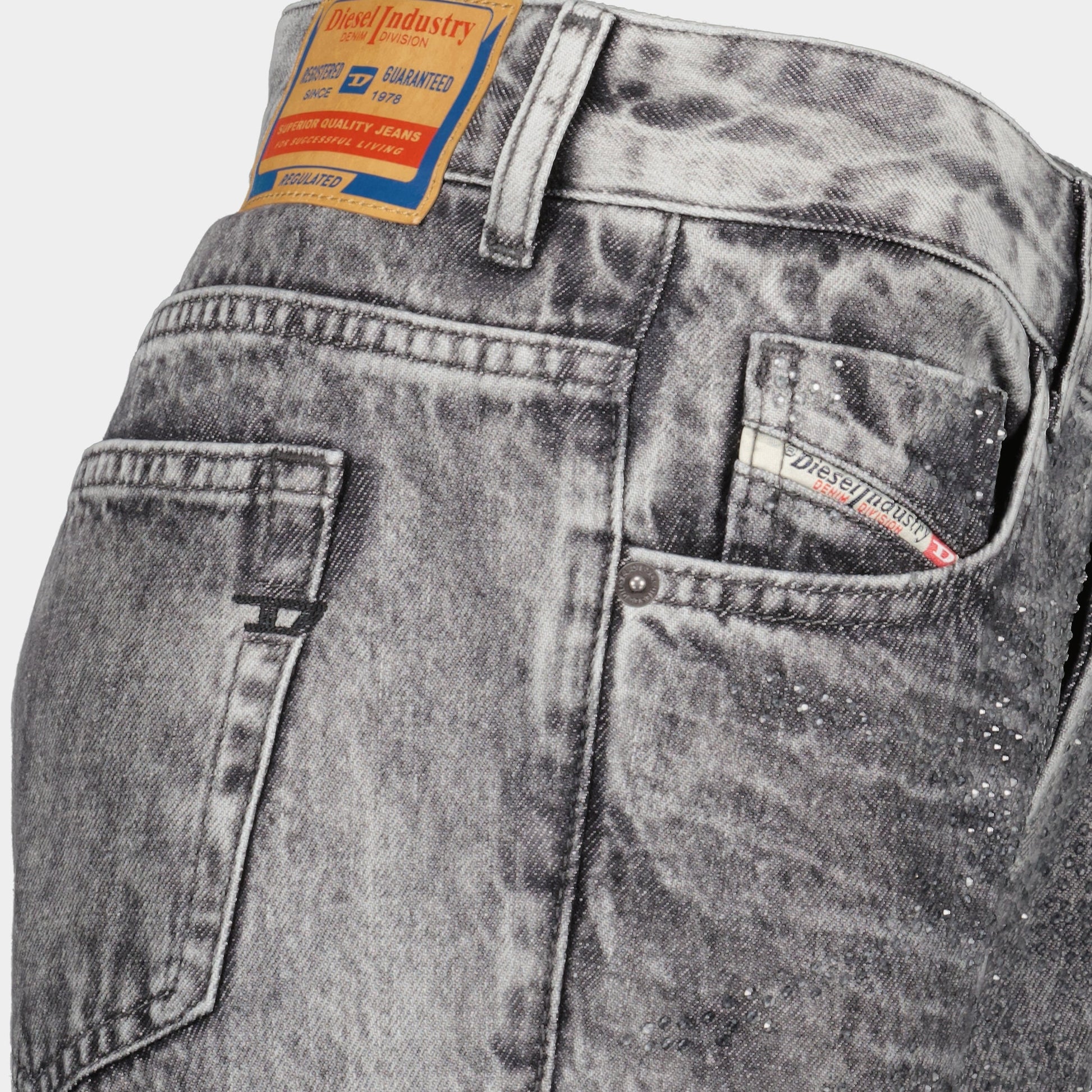 Denim jeans, Strass embellishment, Washed gray denim, Diesel jeans, Straight cut jeans