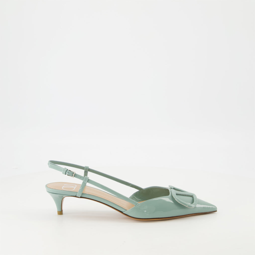 green pumps, patent leather shoes, VLogo footwear, women’s heels, designer pumps