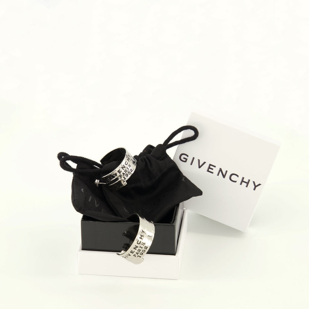 Givenchy earrings, Tape collection jewelry, silver earrings, brushed metal accessories, luxury fashion jewelry