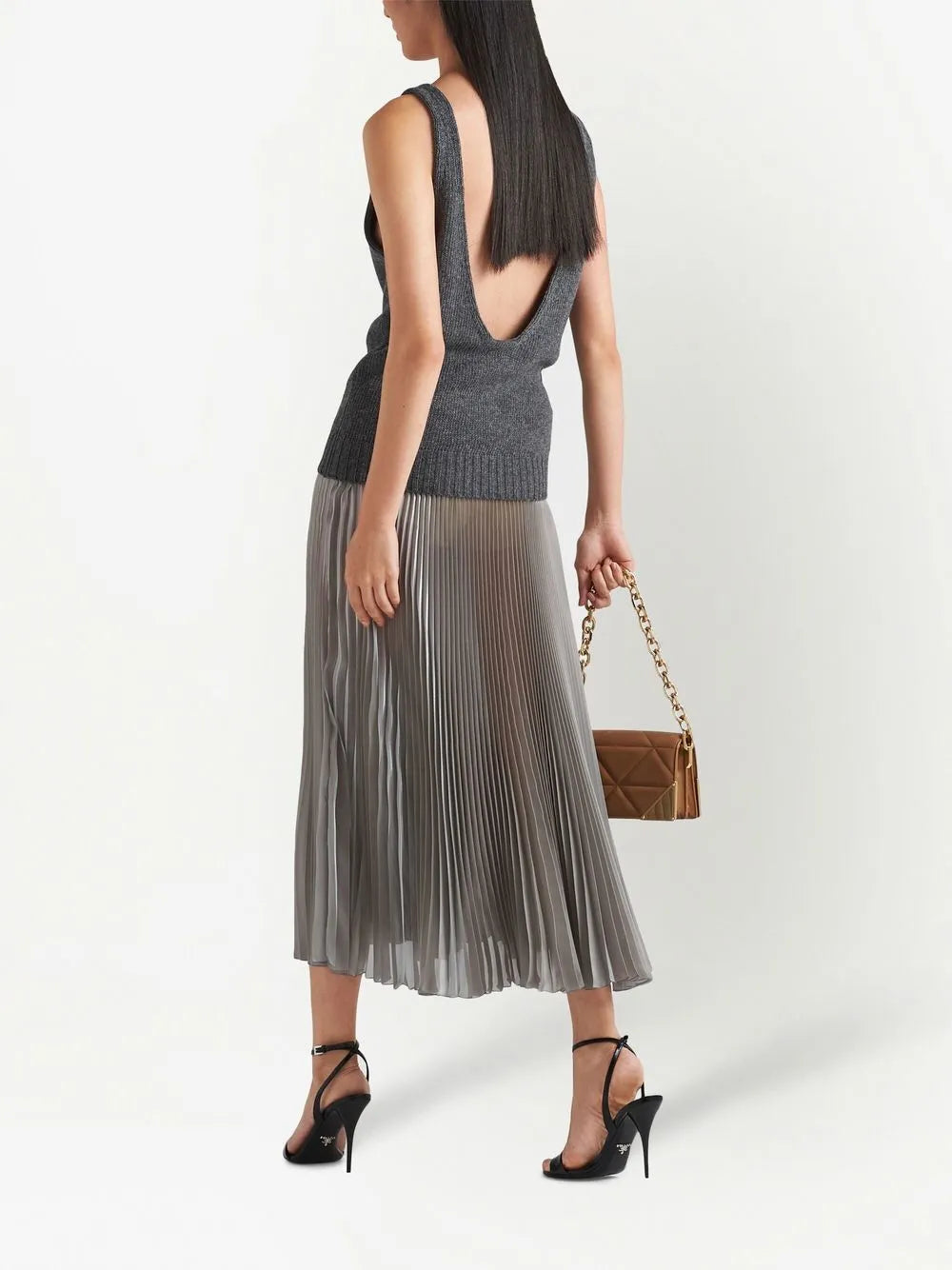 Prada, pleated silver skirt, luxury women's fashion, high-end clothing, designer skirt