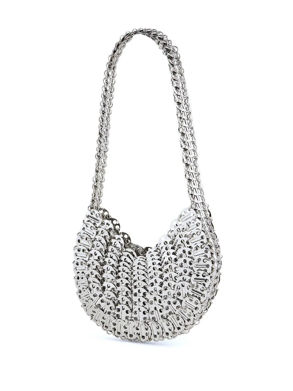 Iconic Moon Bag, Silver Bag, Rabanne Collection, Stylish Shoulder Bag, Fashion Forward Bag