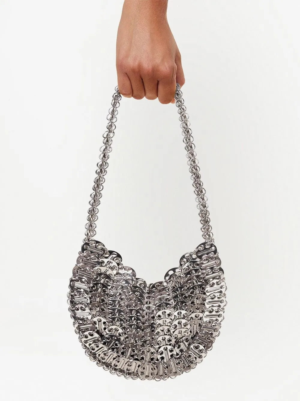 Iconic Moon Bag, Silver Bag, Rabanne Collection, Stylish Shoulder Bag, Fashion Forward Bag