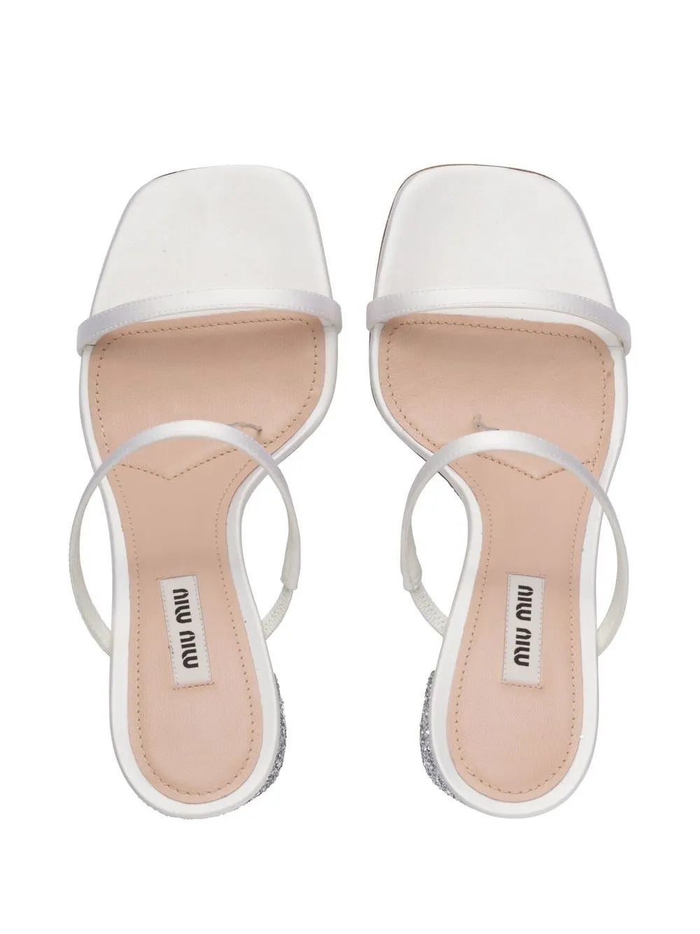 Miu Miu glitter mules, luxury white mules, women’s sparkling shoes, elegant designer footwear, glamorous mules