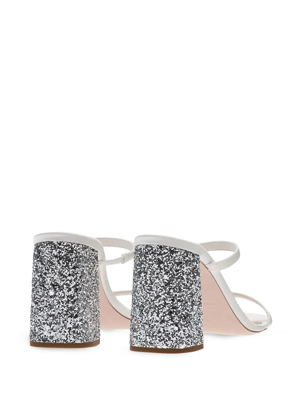 Miu Miu glitter mules, luxury white mules, women’s sparkling shoes, elegant designer footwear, glamorous mules