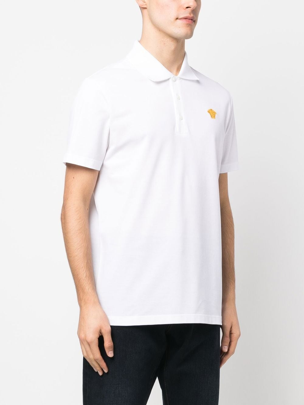 Versace polo, Medusa logo shirt, luxury men's wear, white polo shirt, high-end fashion