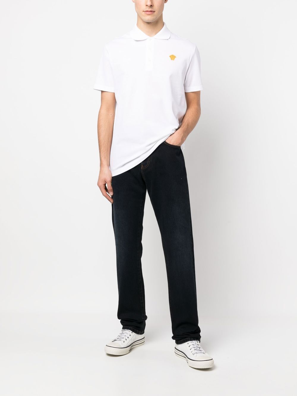 Versace polo, Medusa logo shirt, luxury men's wear, white polo shirt, high-end fashion