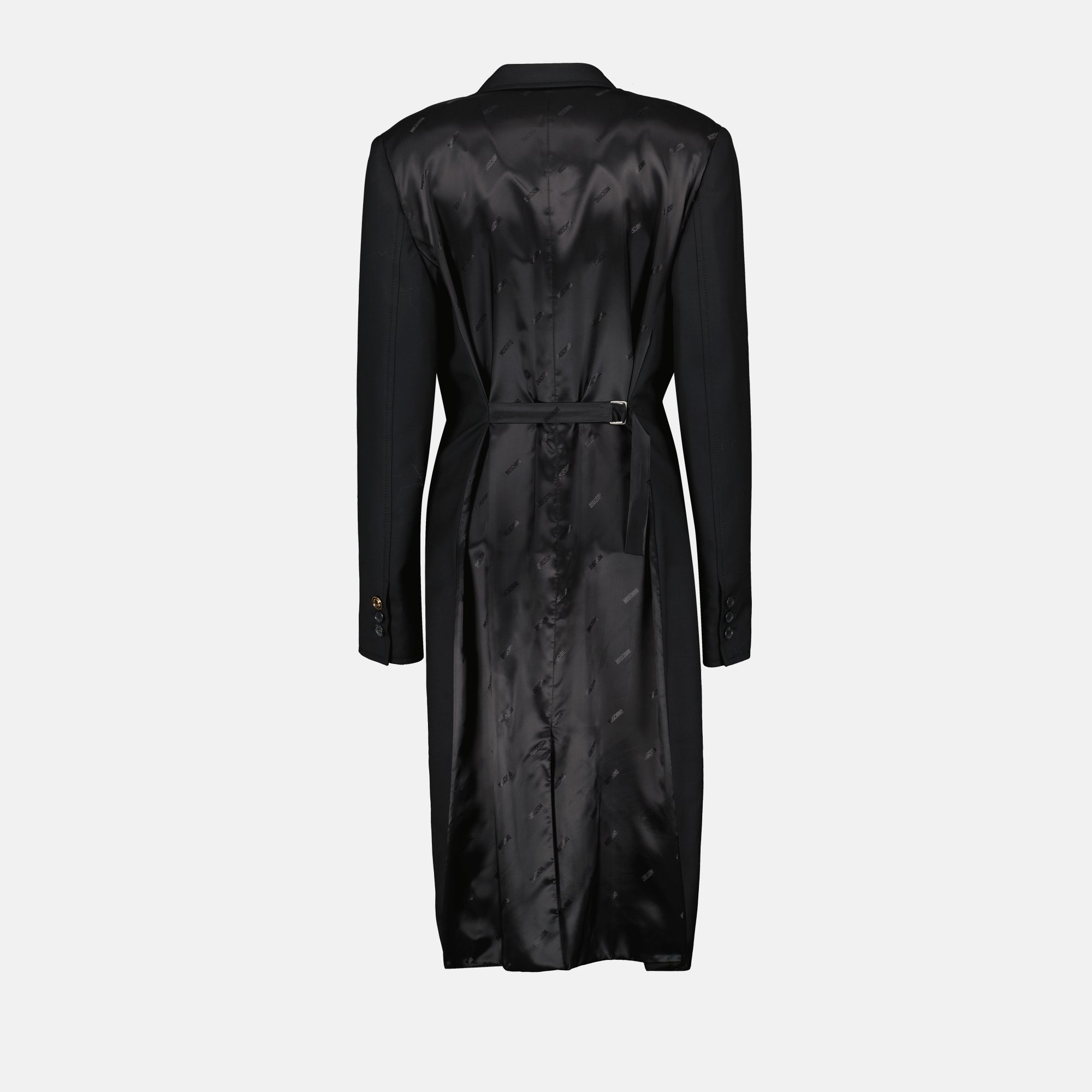 Moschino coat, black wool coat, long sleeve coat, satin details coat, Autumn-Winter collection