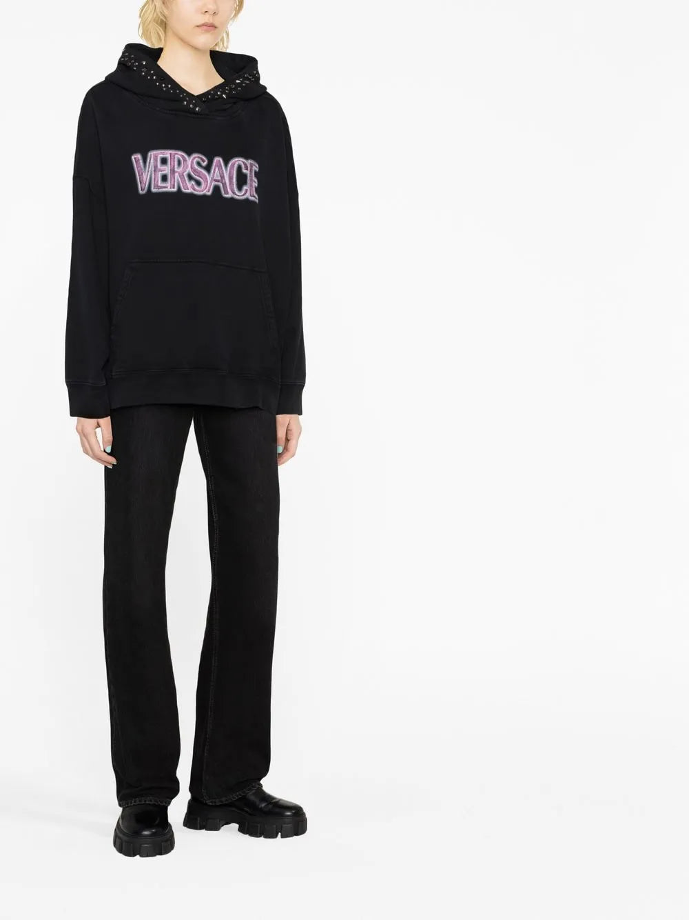 Image of rn Logo Black Sweatshirt by Versace for Women - Season Spring-Summer 2023 - Model view 2