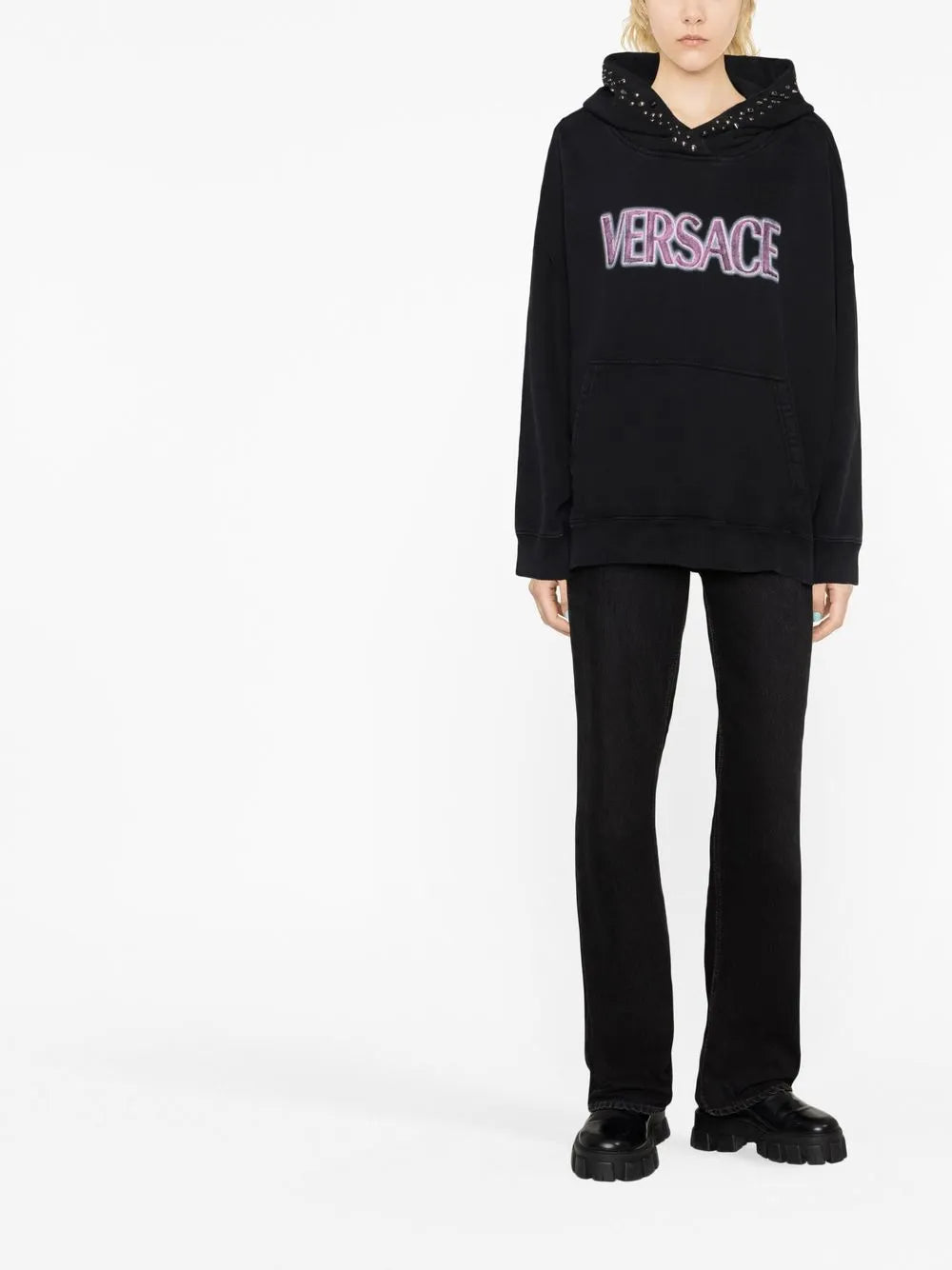 Image of rn Logo Black Sweatshirt by Versace for Women - Season Spring-Summer 2023 - Model view 1