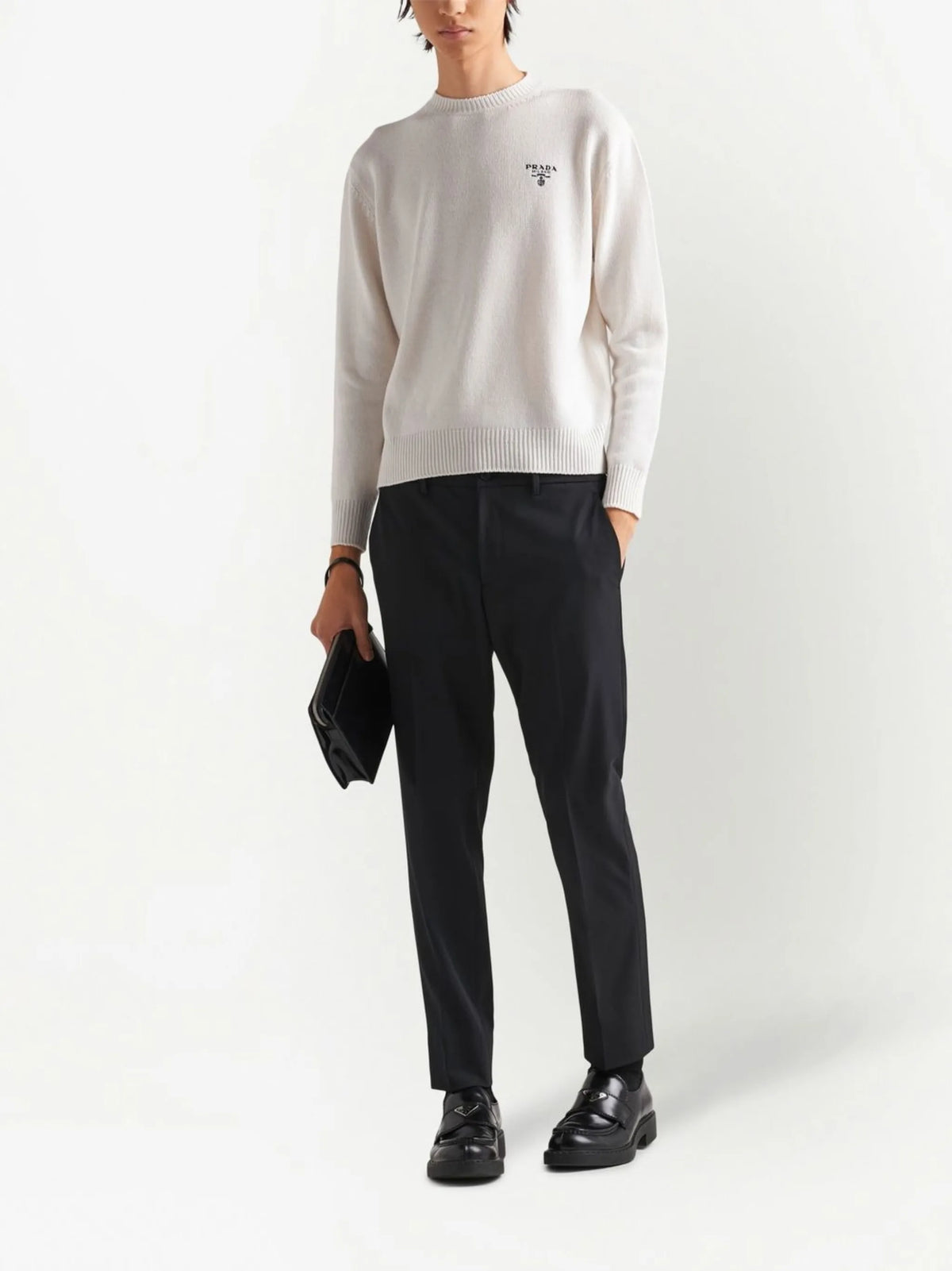 Image of Skinny Stretch Fabric Pants by Prada for Men - Season Autumn-Winter 2026 - Model View 1