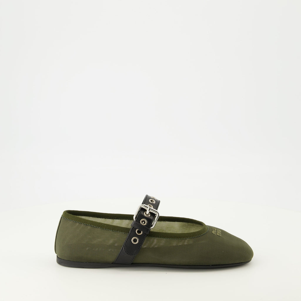 khaki ballerinas, mesh shoes, Miu Miu footwear, comfortable ballerinas, adjustable strap shoes