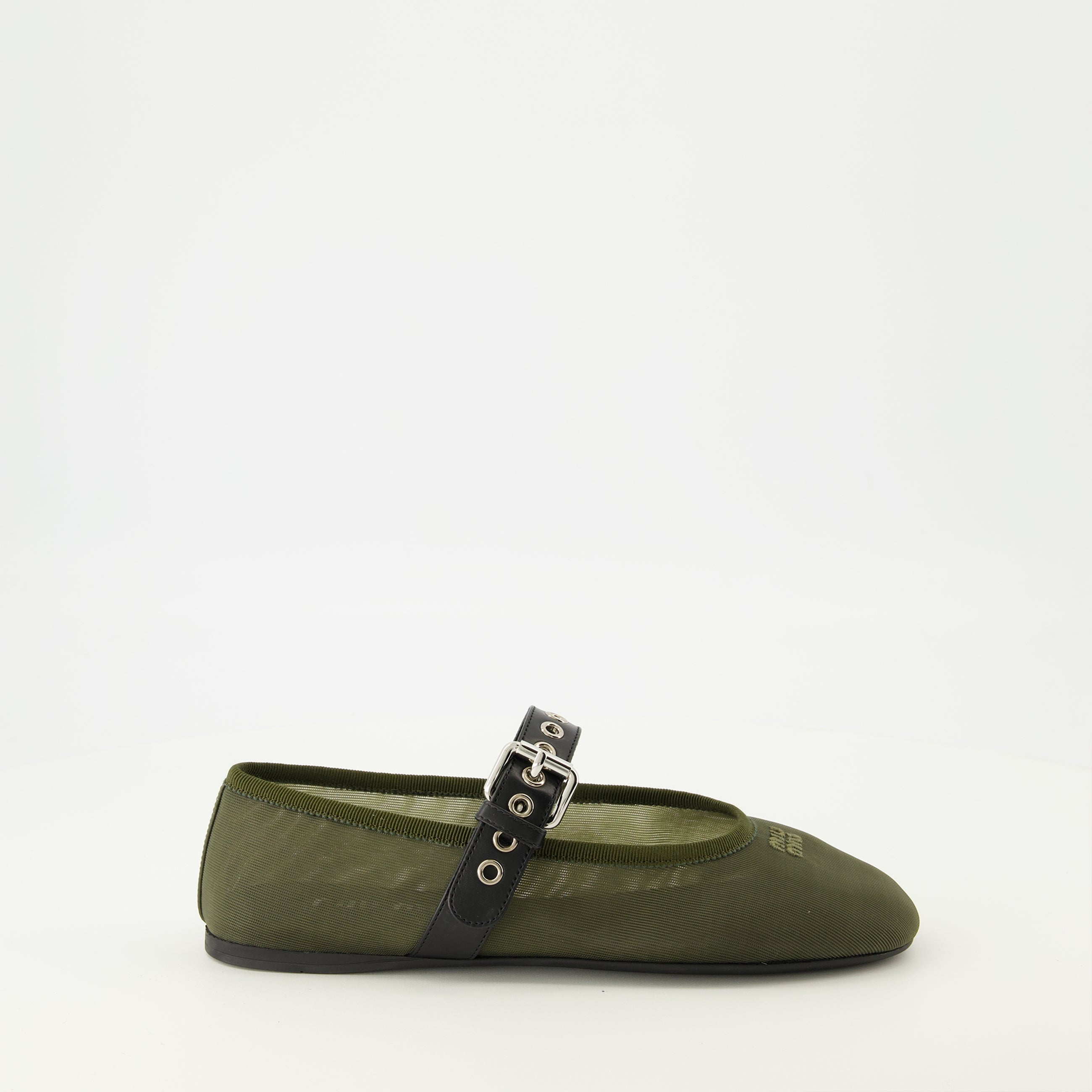 khaki ballerinas, mesh shoes, Miu Miu footwear, comfortable ballerinas, adjustable strap shoes