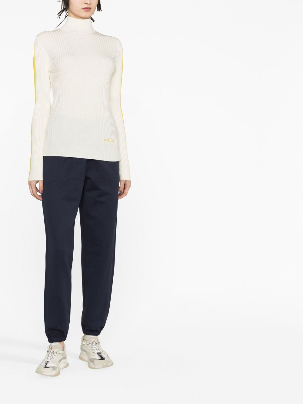 Moncler turtleneck, Women's luxury knitwear, White yellow sweater, Elegant pullovers, High-end fashion