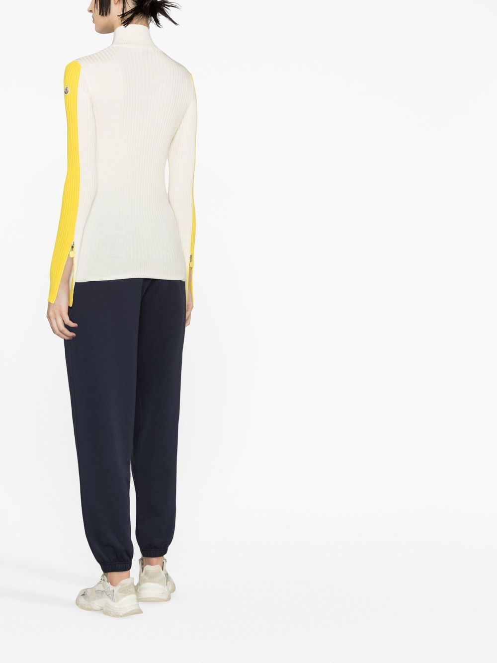 Moncler turtleneck, Women's luxury knitwear, White yellow sweater, Elegant pullovers, High-end fashion