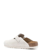 White suede mules, Boston Birkenstock, luxury footwear, ergonomic footbed, premium suedine