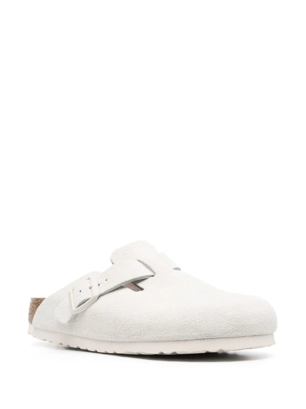 White suede mules, Boston Birkenstock, luxury footwear, ergonomic footbed, premium suedine