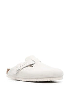 White suede mules, Boston Birkenstock, luxury footwear, ergonomic footbed, premium suedine
