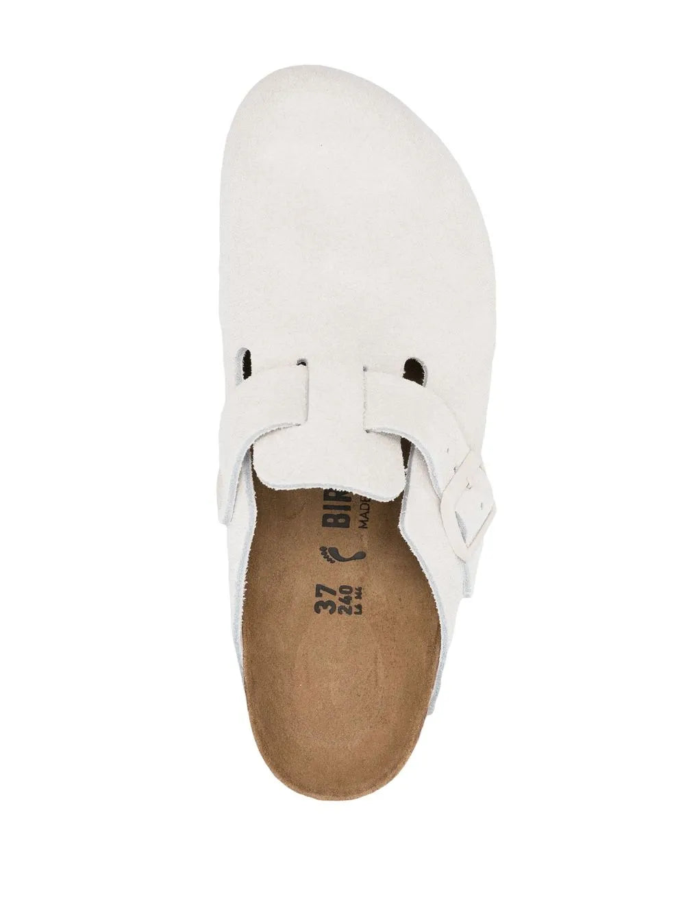 White suede mules, Boston Birkenstock, luxury footwear, ergonomic footbed, premium suedine
