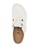 White suede mules, Boston Birkenstock, luxury footwear, ergonomic footbed, premium suedine