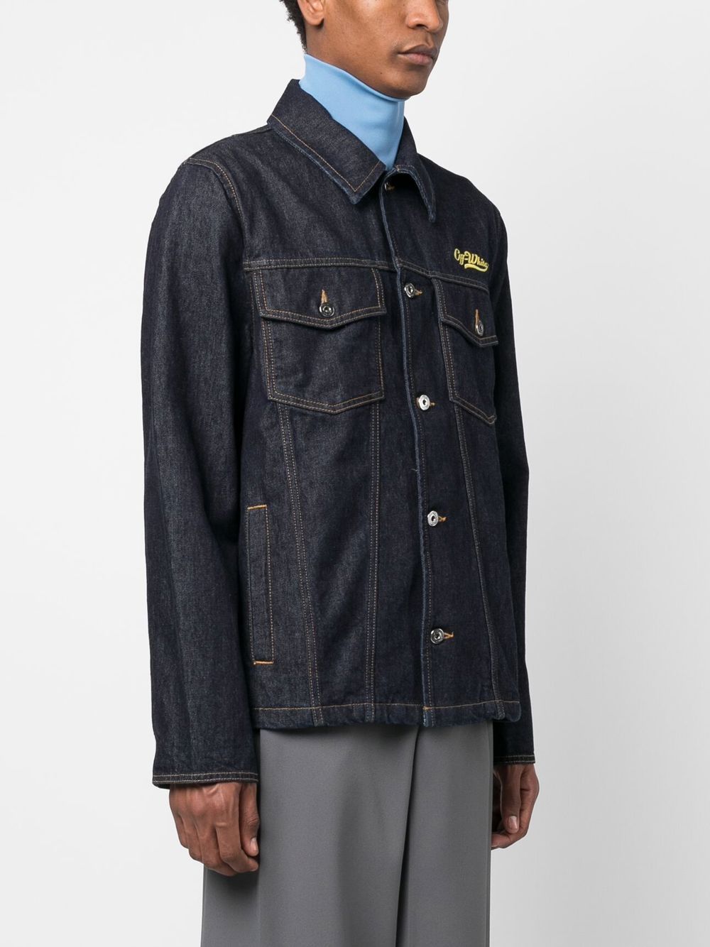 Off-White denim jacket, luxury men's fashion, raw blue denim, urban style jacket, high-end outerwear