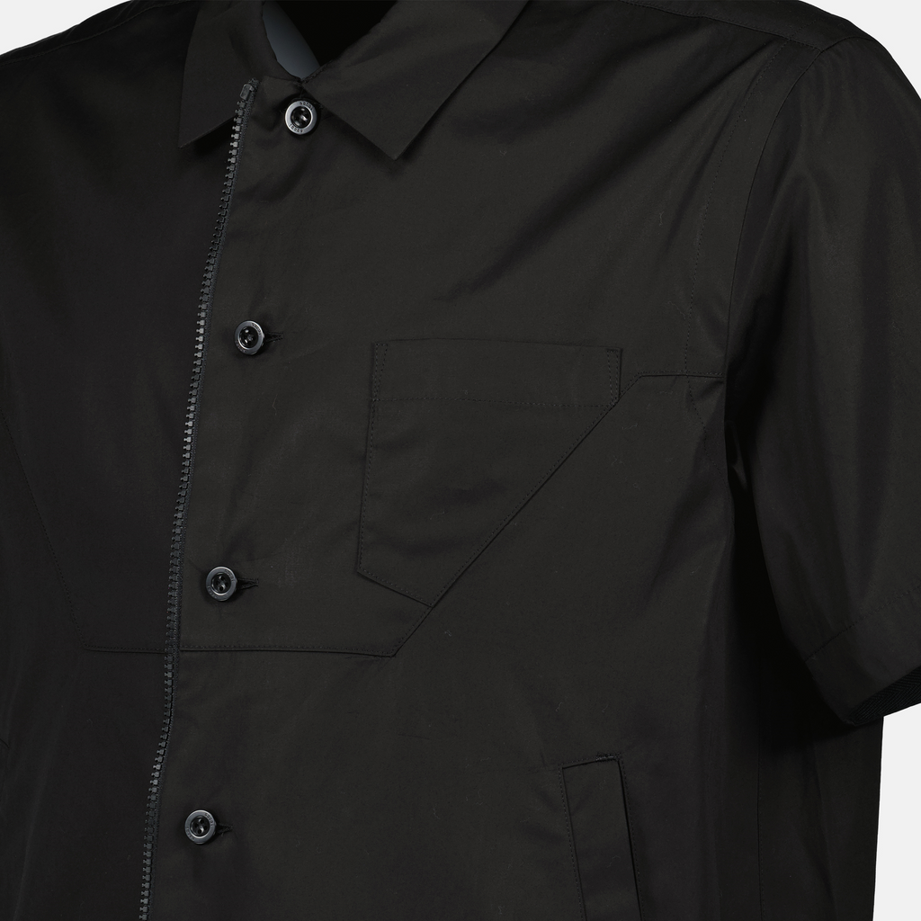black cotton shirt, Sacai shirt, classic collar shirt, short sleeves shirt, men's fashion shirt
