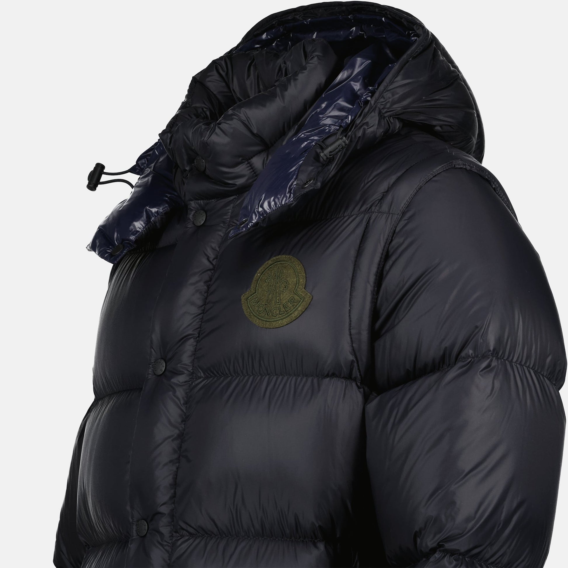 luxury down jacket, 2-in-1 jacket, Moncler Autumn-Winter 2024, blue-grey jacket, high collar removable sleeves