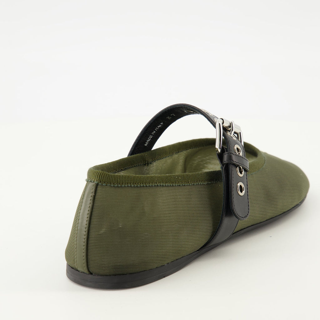 khaki ballerinas, mesh shoes, Miu Miu footwear, comfortable ballerinas, adjustable strap shoes