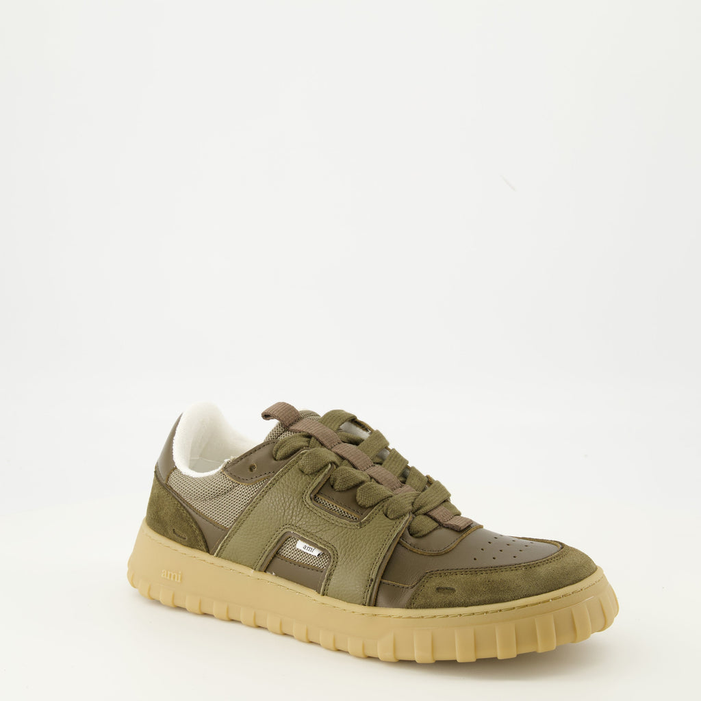 AMI Paris sneakers, Kaki sneakers, unisex footwear, contemporary fashion, leather and suede shoes