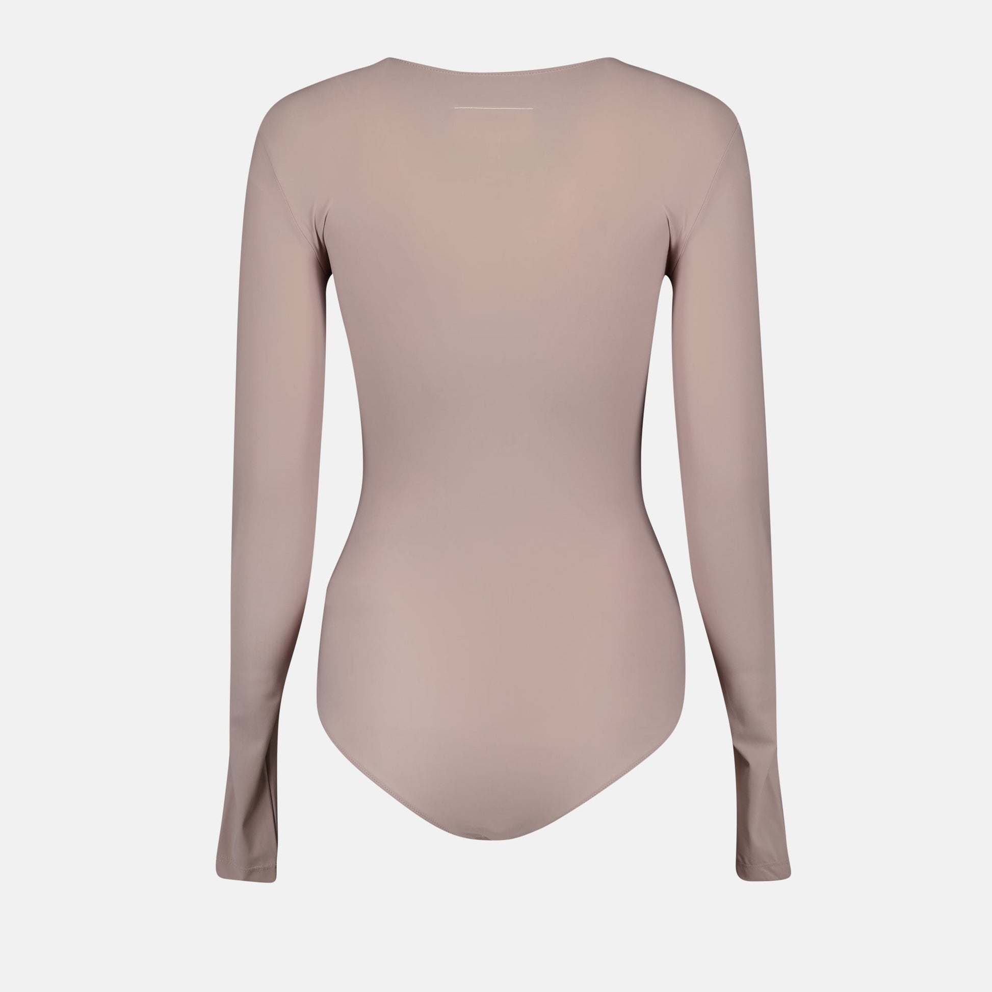 Beige Bodysuit, Long Sleeve Bodysuit, MM6 Fashion, Elegant Bodysuit, Snap Closure Bodysuit