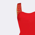 Versace swimwear, red swimwear, Greca pattern, luxury swimwear, designer swimwear