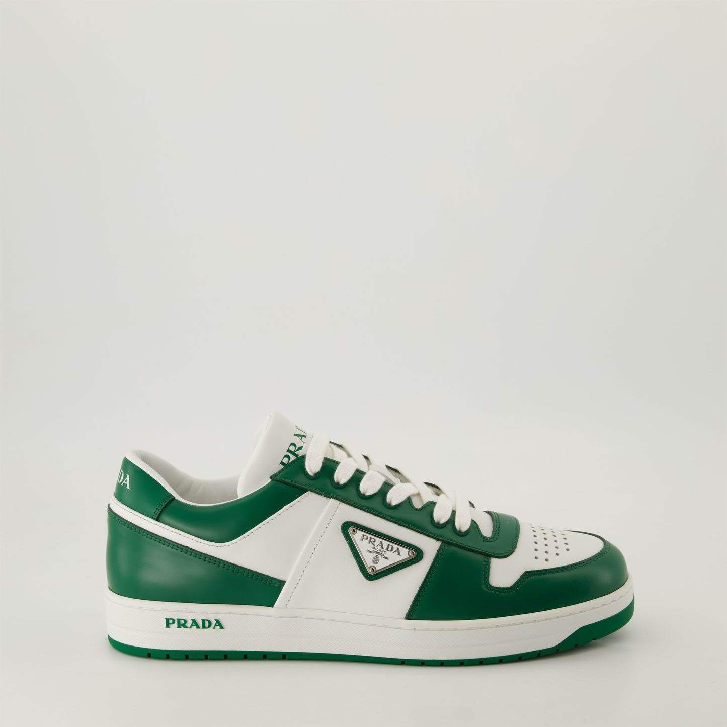 Prada sneakers, leather sneakers, green and white sneakers, designer footwear, Autumn-Winter 2024