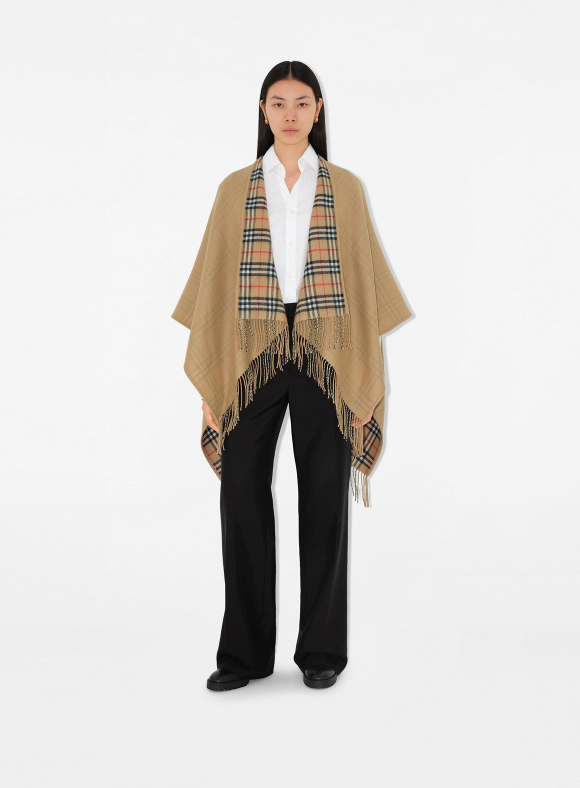 reversible wool cape, Burberry plaid cape, luxury outerwear, elegant cape, stylish layering piece