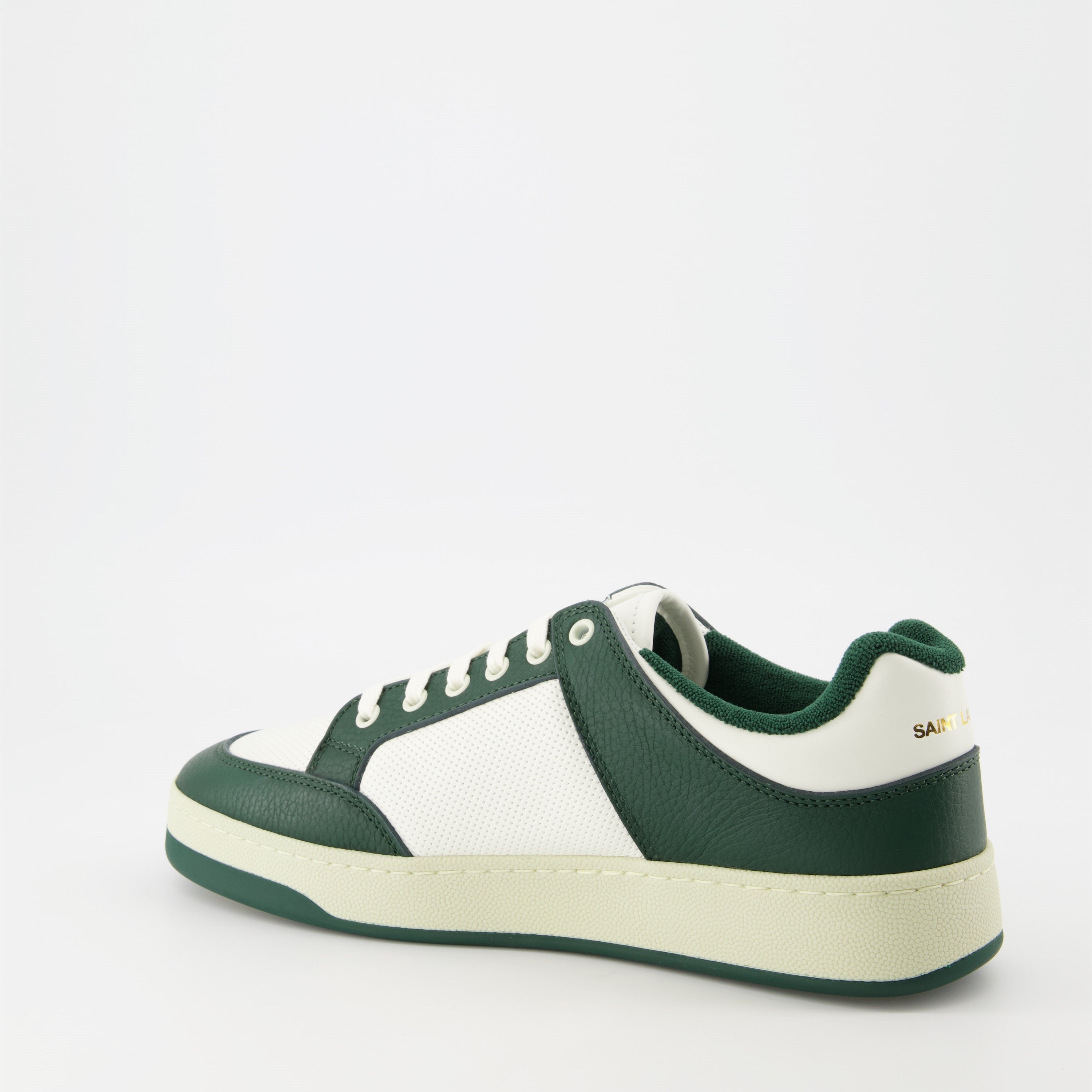 Image of White and Green Textured Leather Sneakers by Saint Laurent for Men - Season Autumn-Winter 2024 - Front Right Three-Quarter View