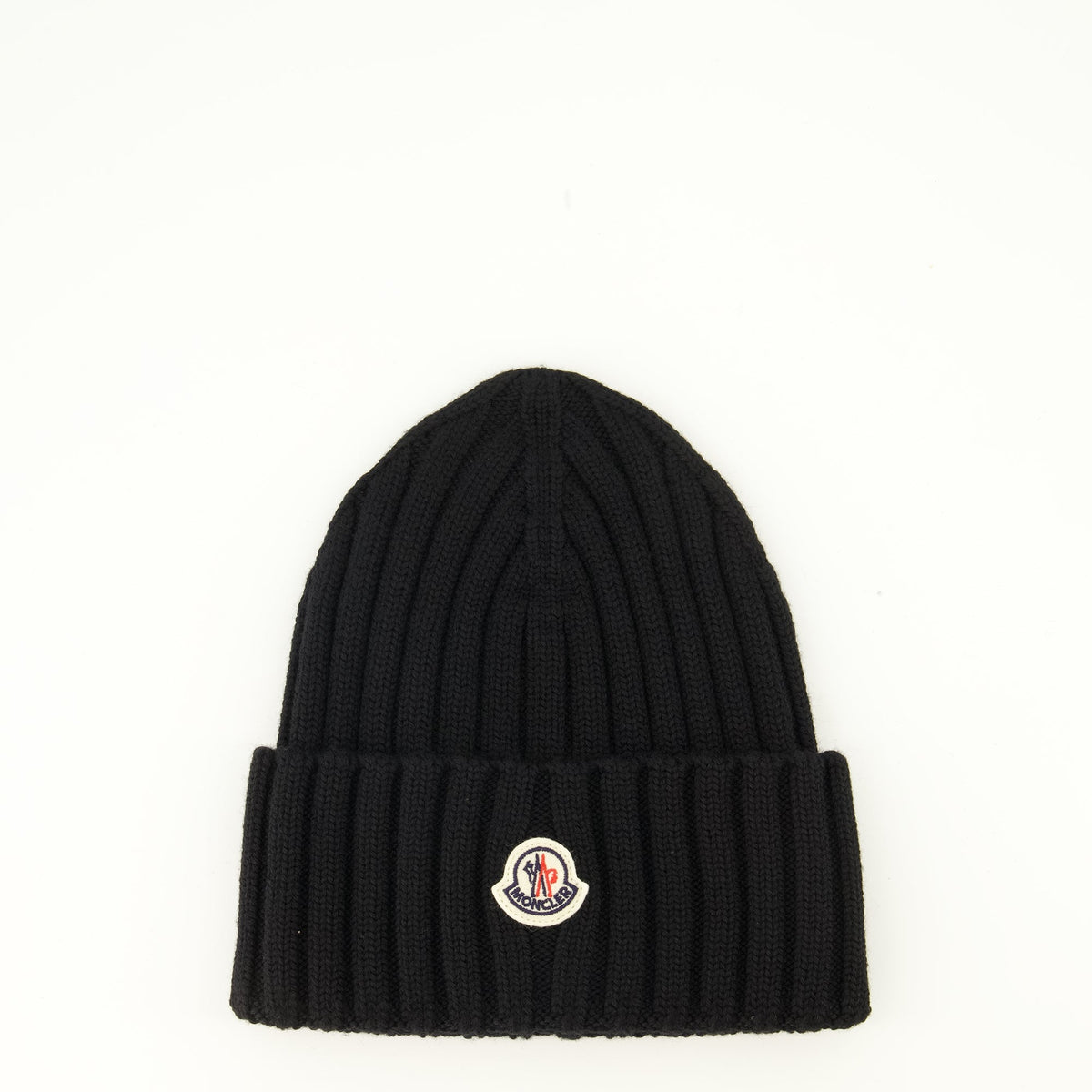 Schwarze Wollmütze mit Rippstrick und Logo