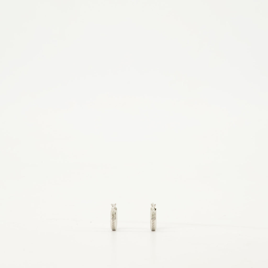 Silver Hoop Earrings, Greca Design, Engraved Logo, Hypoallergenic Jewelry, Versace Accessories