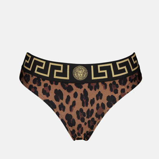 leopard bikini, Versace swimwear, luxury beachwear, animal print bikini, designer swimwear