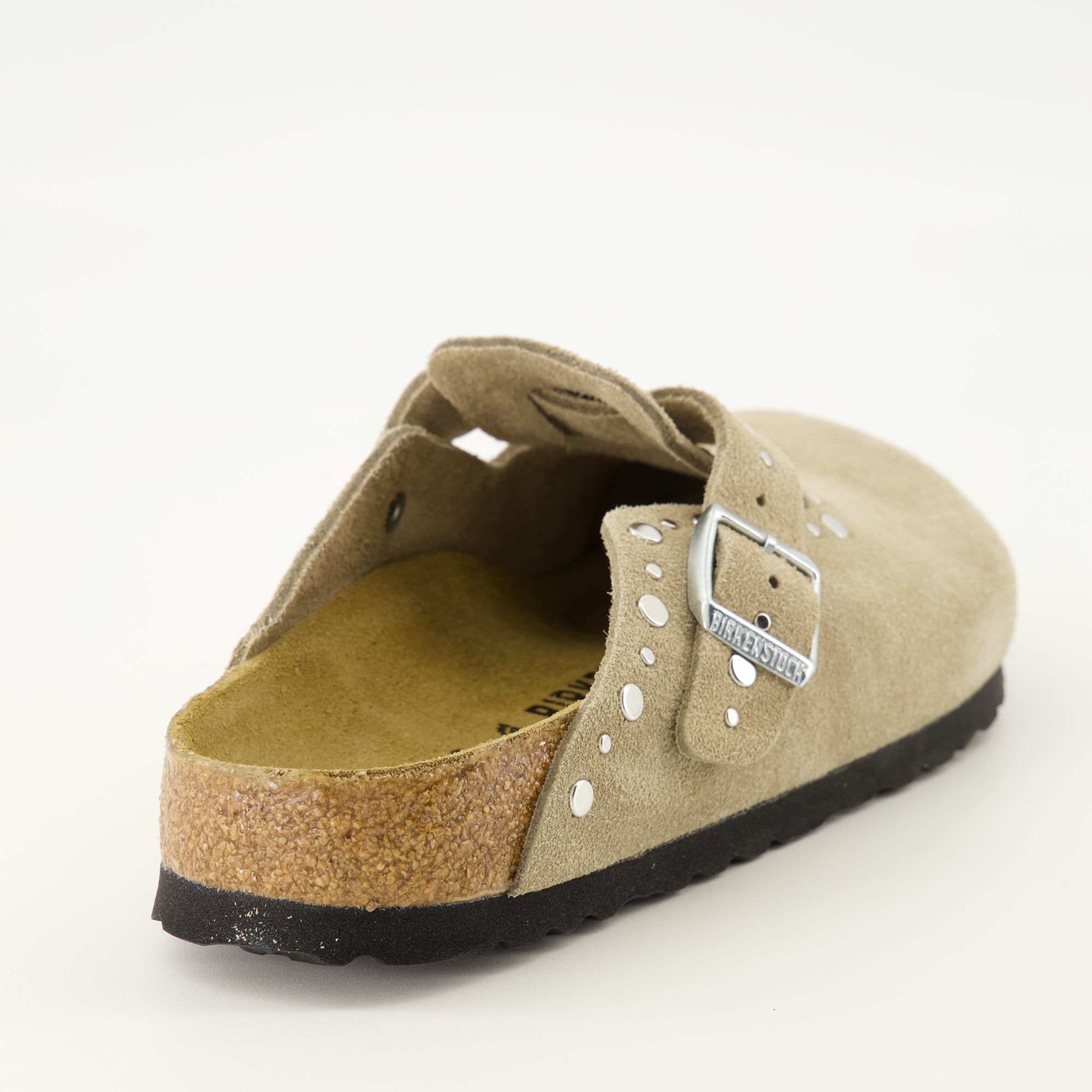 Birkenstock mules, beige suede shoes, comfortable footwear, molded sole, adjustable slip-ons
