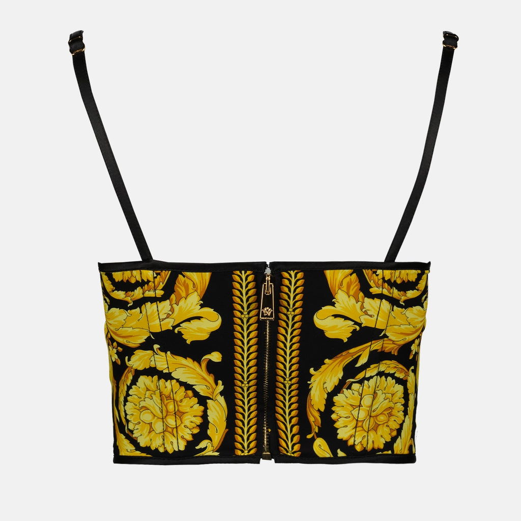 Barocco corset top, yellow corset, luxury silk top, Versace Autumn-Winter 2024, adjustable strap blouse