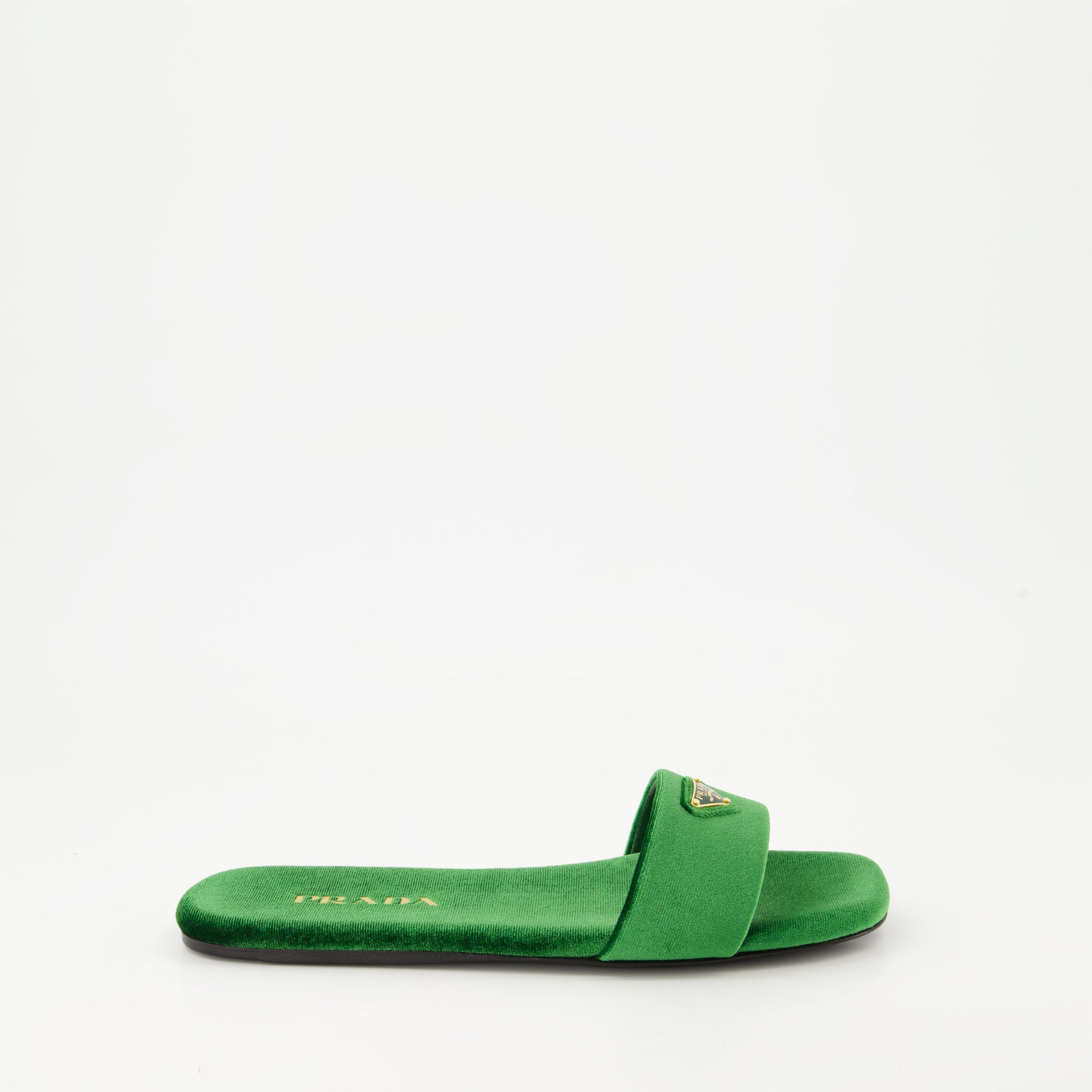 Prada sandals, green velvet shoes, luxury footwear, autumn-winter 2024, flat sandals